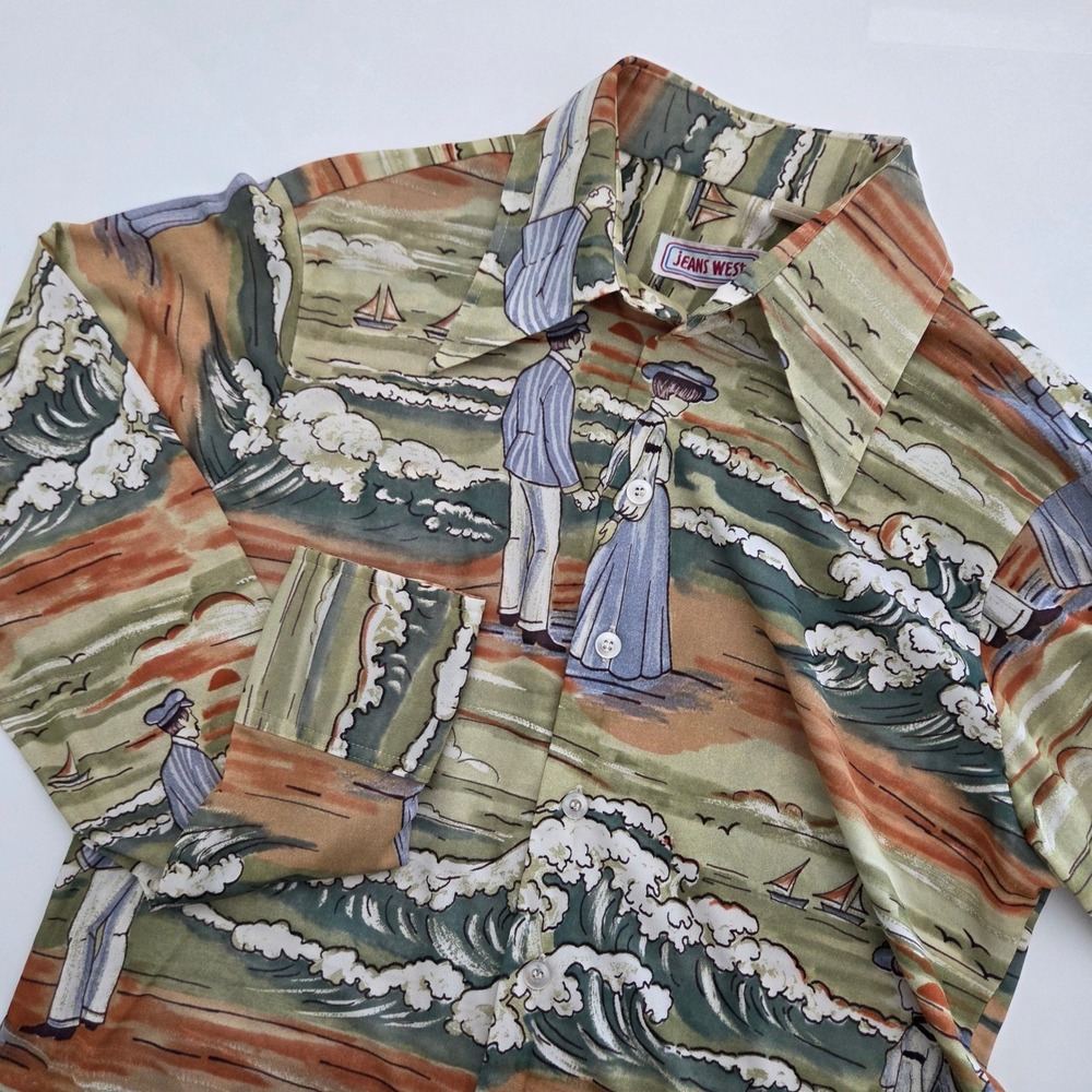 Vintage Jeans West Button Down Shirt Green Novelty Seaside Print Mens‎ 15 Small